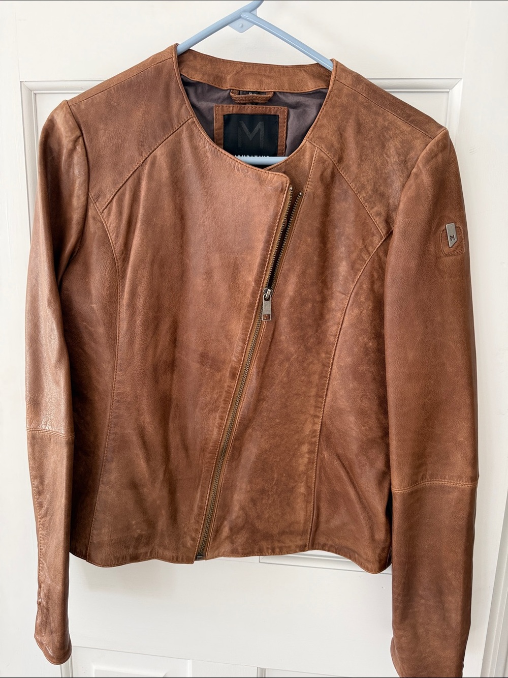 Women's Cognac Leather Asymmetrical Zip Jacket